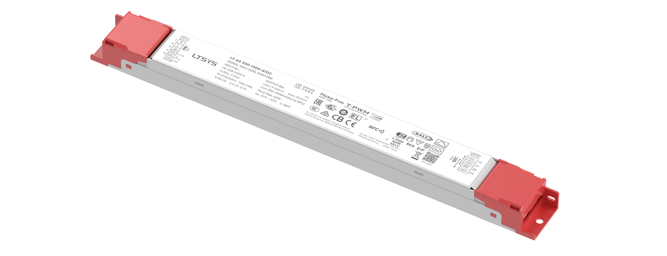60W 500-1500mA NFC DALI-2 DT6 CC Linear Intelligent Driver LF-60-500-1500-G1D2 (External)