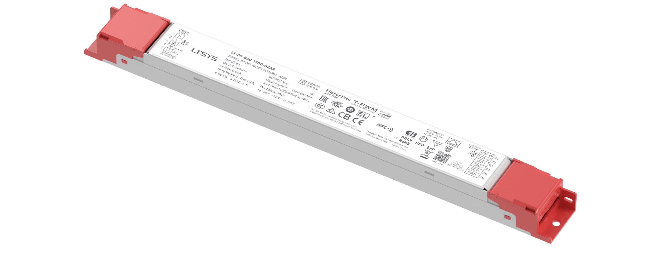 60W 500-1500mA NFC 0/1-10V CC Linear tunable white Driver LF-60-500-1500-G2A2 (External)