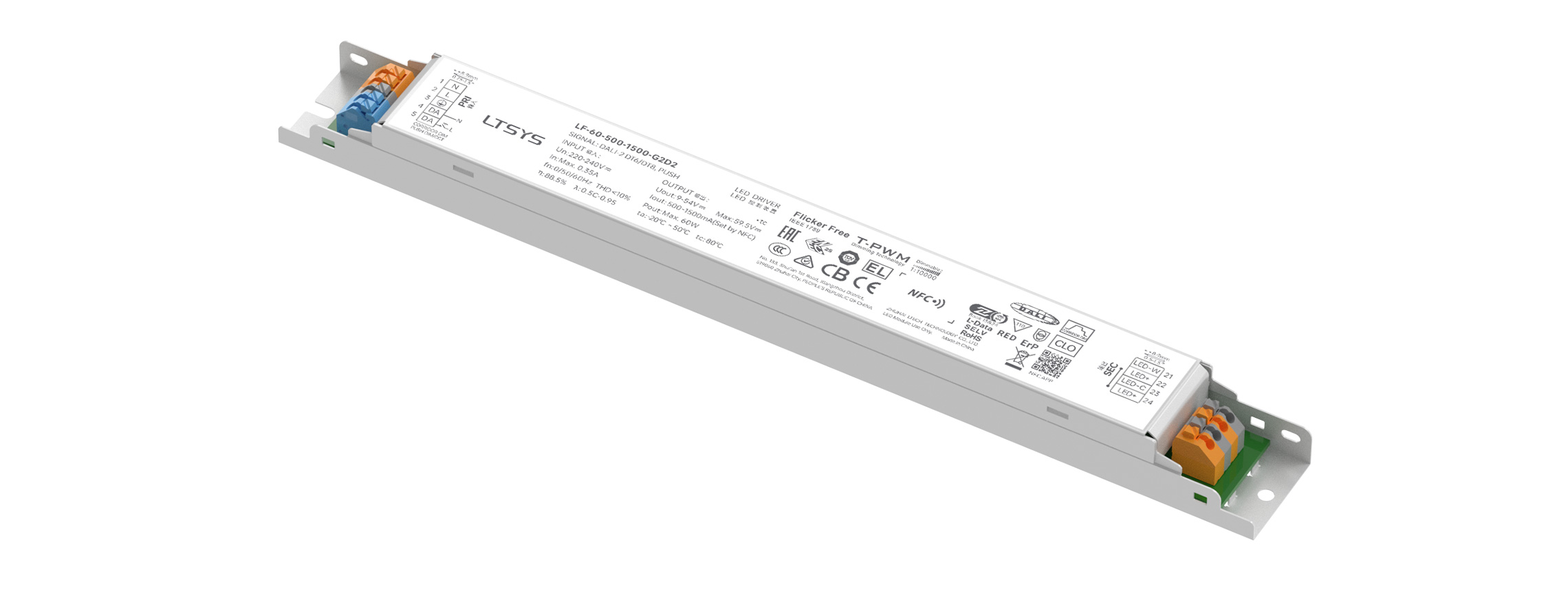 60W 500-1500mA NFC DALI-2 DT6/DT8  CC Linear tunable white Driver LF-60-500-1500-G2D2 (Built-in)