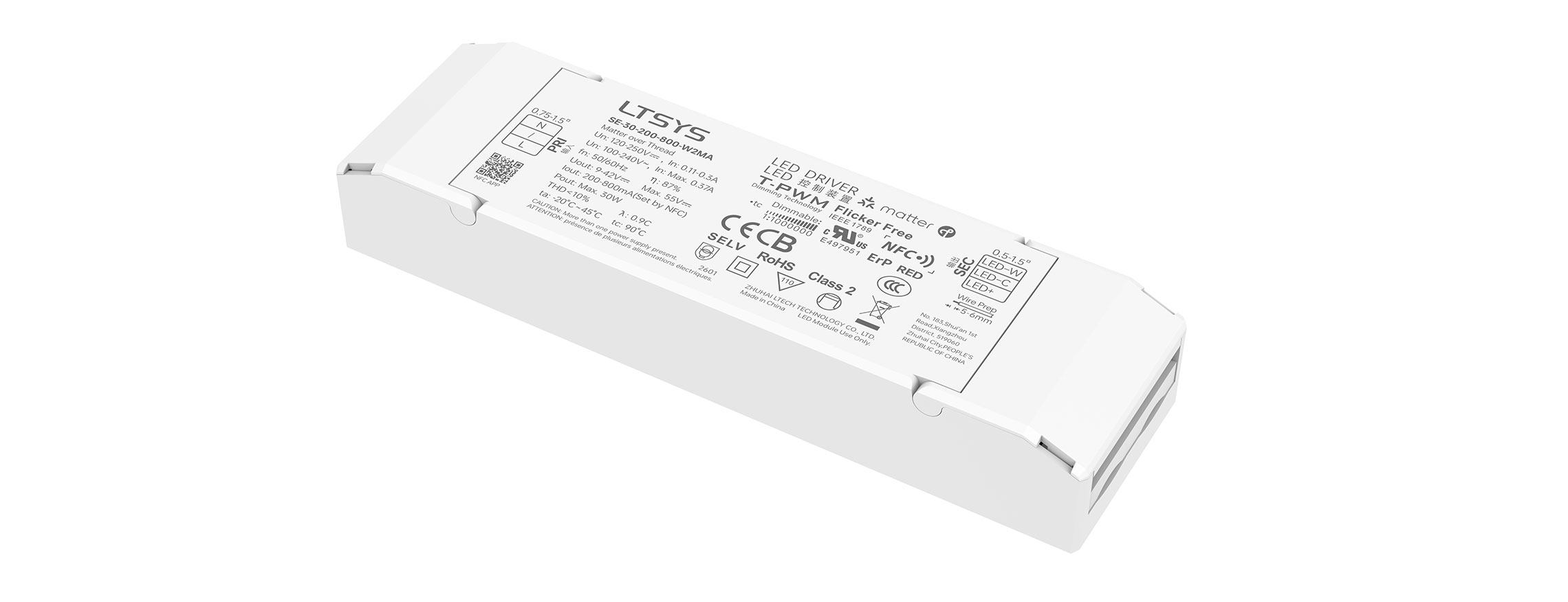 30W 200-800mA NFC CC Matter Tunable White LED Driver SE-30-200-800-W2MA