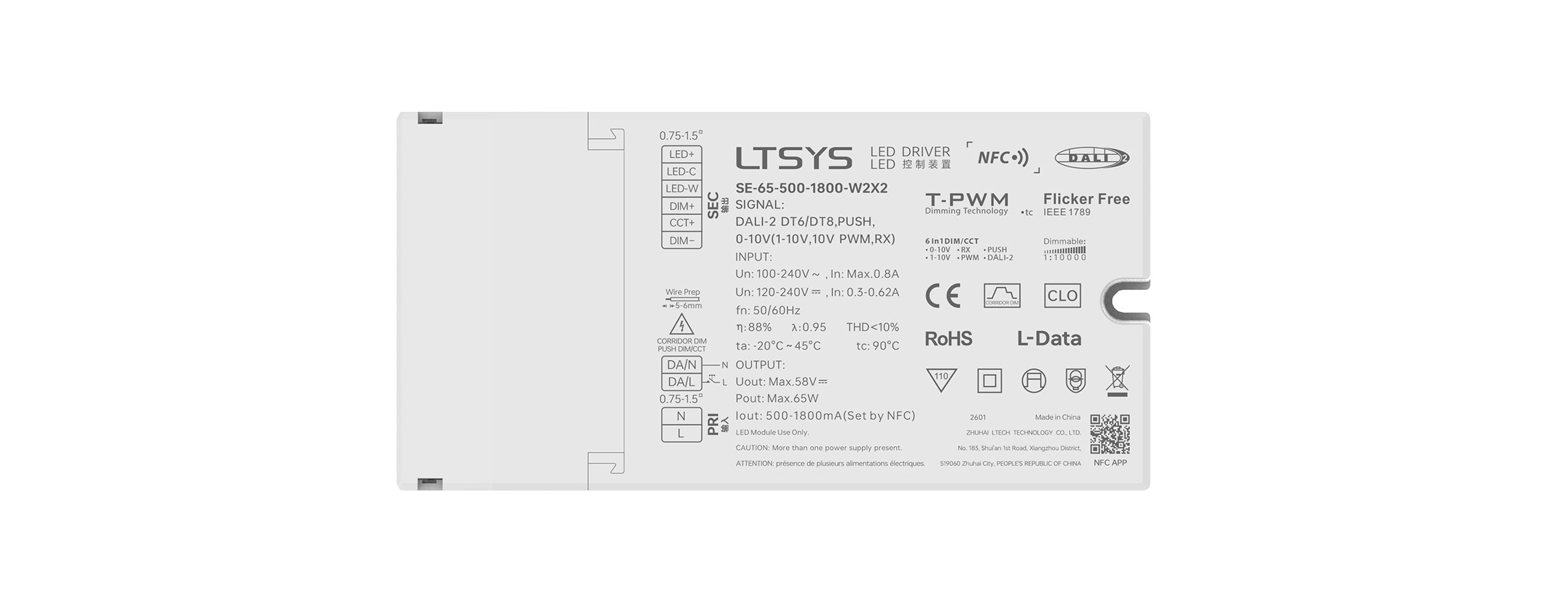 65W 500-1800mA NFC CC DALI-2/0-10V Tunable White LED Driver SE-65-500-1800-W2X2