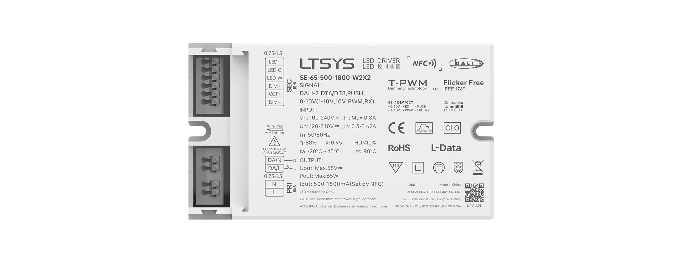 65W 500-1800mA NFC CC DALI-2/0-10V Tunable White LED Driver SE-65-500-1800-W2X2