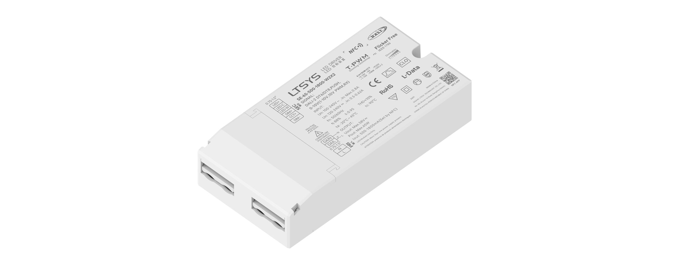 65W 500-1800mA NFC CC DALI-2/0-10V Tunable White LED Driver SE-65-500-1800-W2X2
